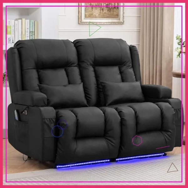 54" Electric Recliner Sofa with Massage, Heat & LED Lights, USB Ports for Home Theater (Black, 2-Seater)
