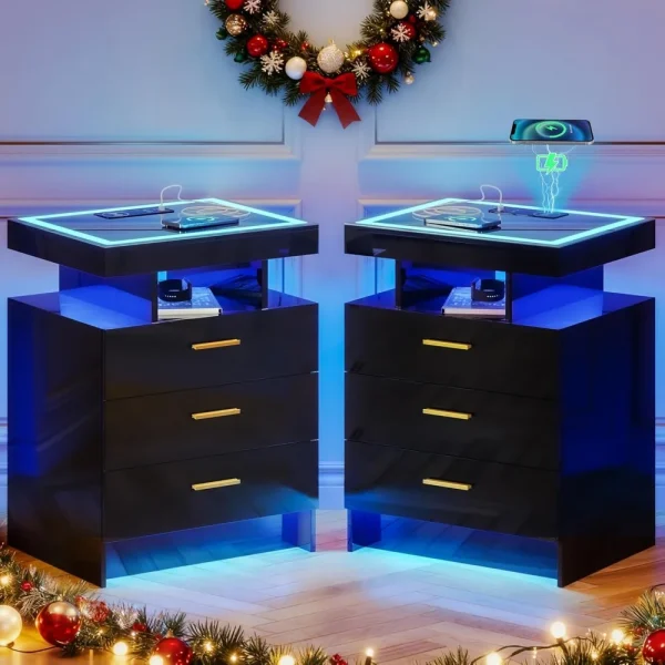 Set of 2 Nightstands with Wireless Charging Station