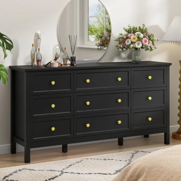 59" Stylish, Black, 9 Drawer Dresser with Gold Metal Handles