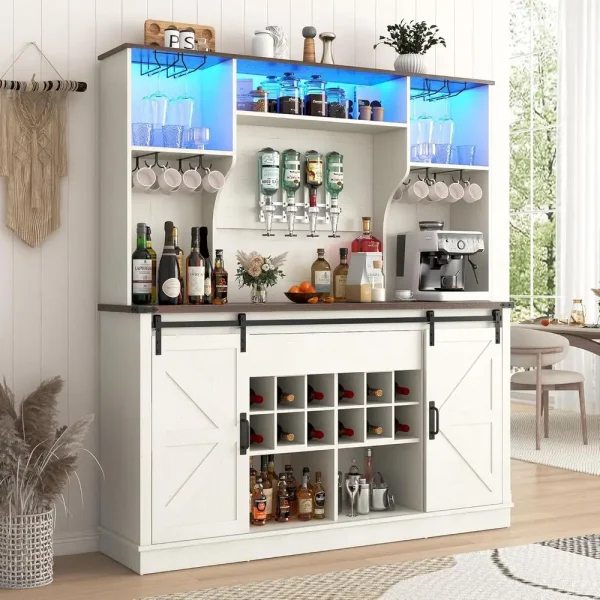 Farmhouse Bar Cabinet with Sliding Doors and Wine Rack