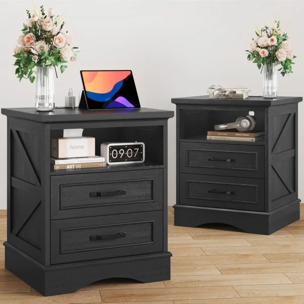 Set of Two 24" Tall Farmhouse Nightstands with Fast Charging Station