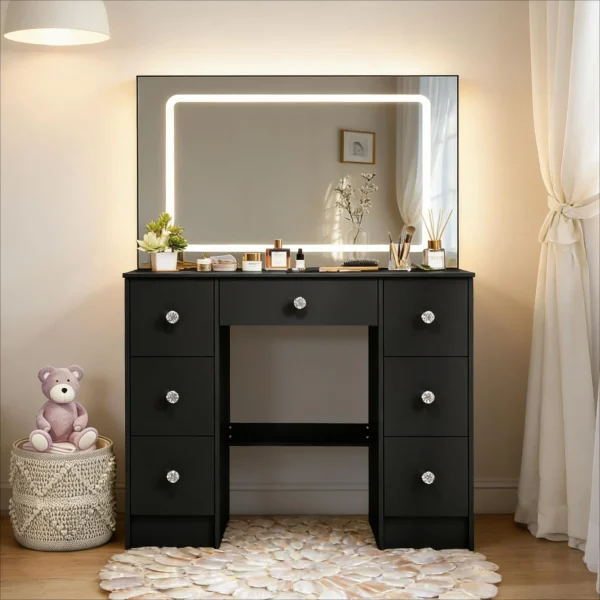 Large Black Dressing Table, with 3 Color Dimmable Vanity Mirror