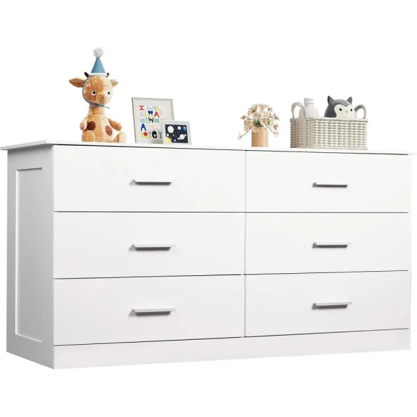 White 6-Drawer Bedroom Dresser with Wide Wooden Chest