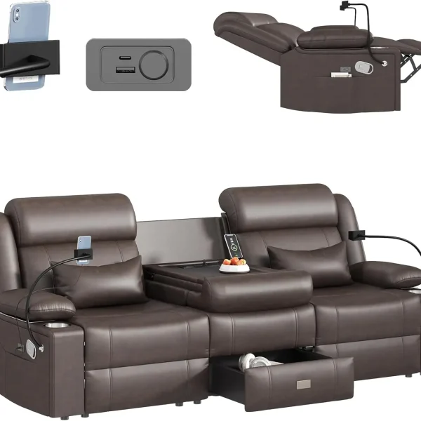 Home Theater Reclining Sofa Set with Adjustable Headrest/Charging Ports