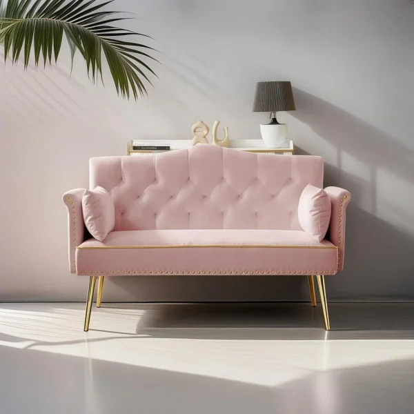 Pink Velvet Loveseat with Gold Legs
