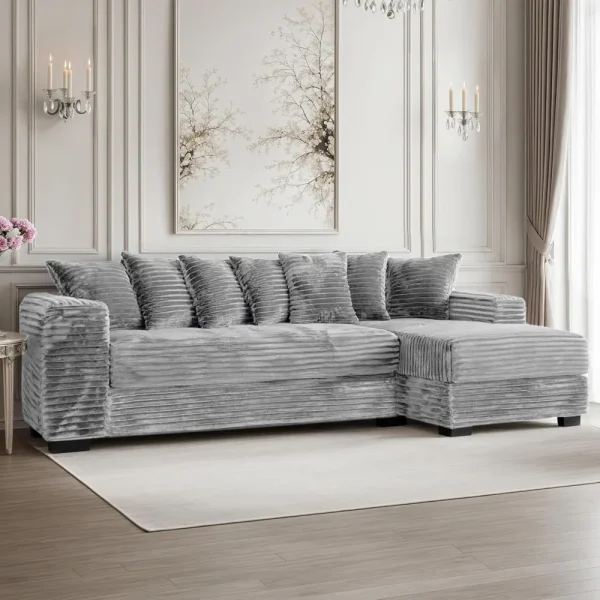 Luxurious Oversized Plush Sofa with Chaise Faux Fur and 8 Pillows