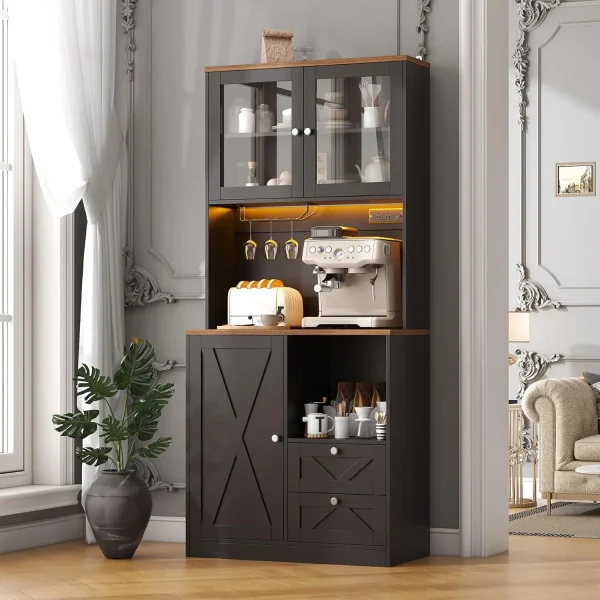 71" Tall Coffee Bar Cabinet with Storage Hutch W/LED Lights