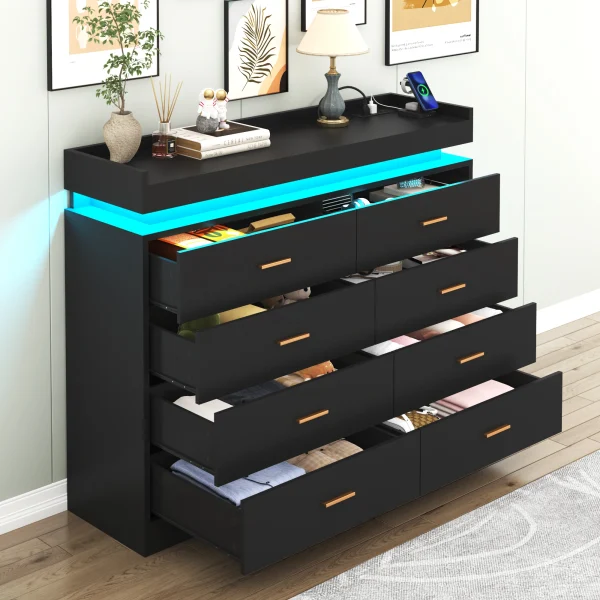 8 Drawer Dresser with LED Light, Modern Chest of Drawers